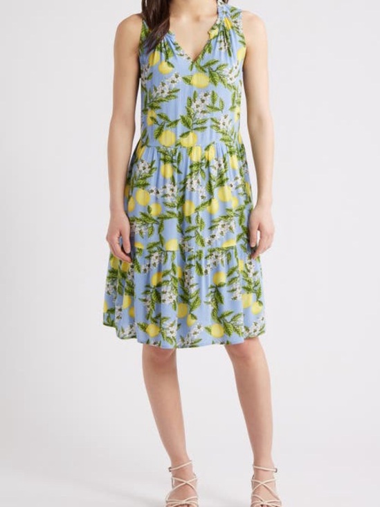 beachlunchlounge Dresses & Skirts - beachlunchlounge Blue Lemon-Print Tiered V-Neck Midi Dress